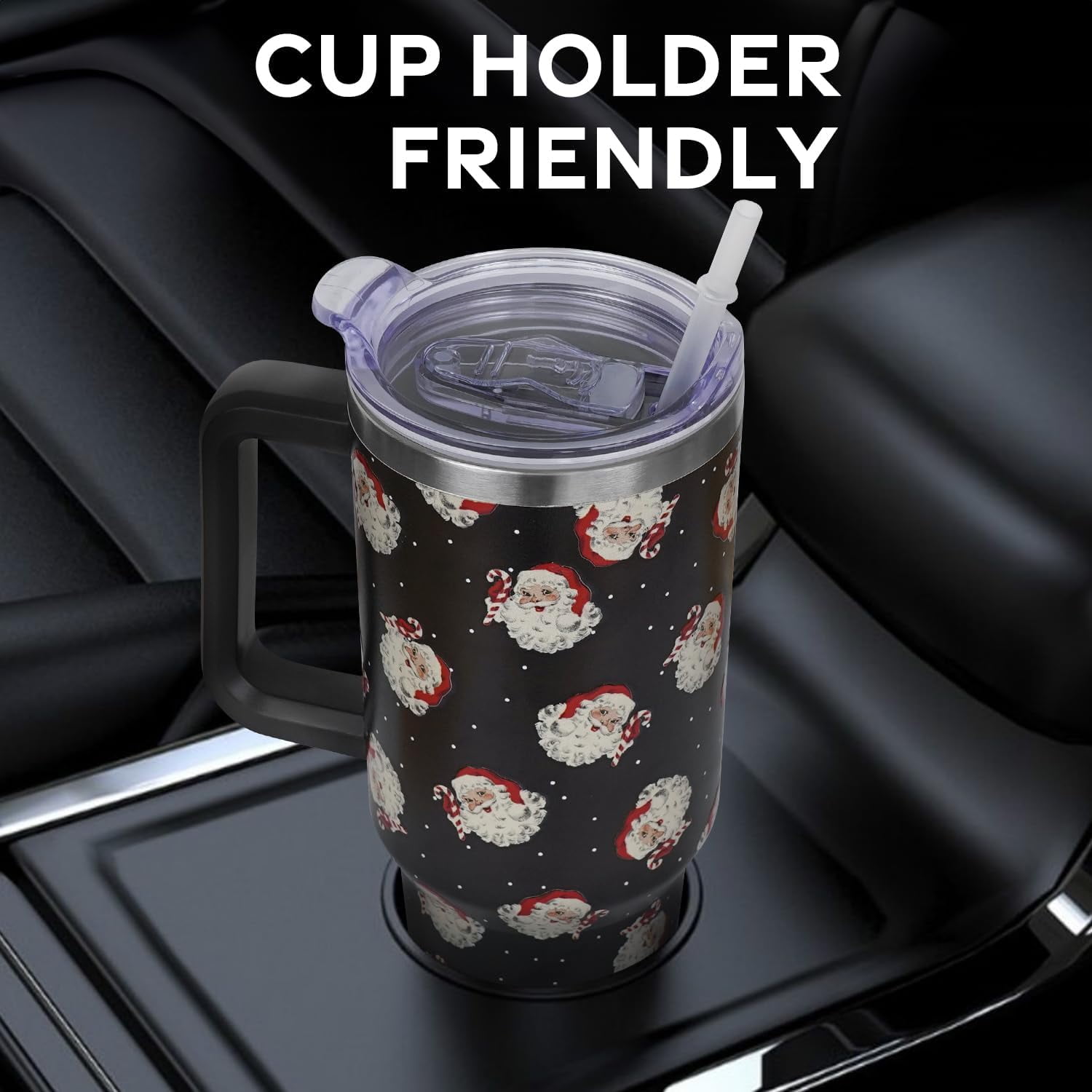 Christmas Santa Black Polka Dots Tumbler with Handle and Straw Lid 40 oz,Cute Christmas Gifts for Women Vacuum Insulated Leak Proof Tumbler,Winter Holiday Accessories Stainless Steel Coffee Cup Mug