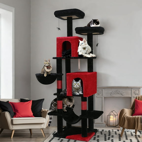 CT70F Gothic Cat Tree - 69" Tall Multi-Level Tower with Condos, Perches & Scratching Posts, Red Black