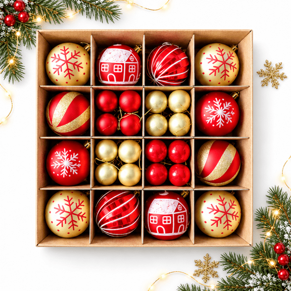 COOKEY 44 PCS Christmas Ball Ornaments Set, Red and Gold Shatterproof Christmas Tree Decorations, 2.36" & 1.38"