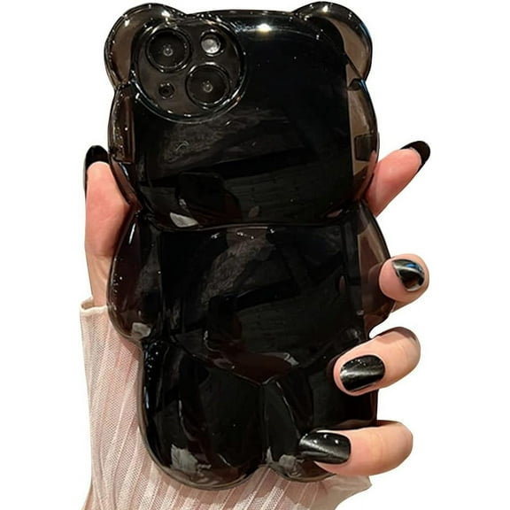Compatible with iPhone Case,Cute Kawaii 3D Cartoon Heart Bear Camera Lens Protection Clear Shockproof Cover Phone Case (Black,iPhone X/Xs)