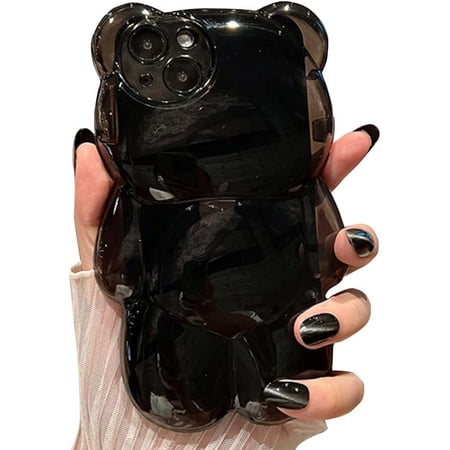 Compatible with iPhone Case,Cute Kawaii 3D Cartoon Heart Bear Camera Lens Protection Clear Shockproof Cover Phone Case (Black,iPhone X/Xs)