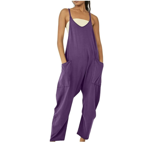 Womens Rompers for Summer Basic Pure Color Romper with Pockets Casual Loose Harem Jumpsuits Soft Lightweight Overalls V Neck Bib Overall