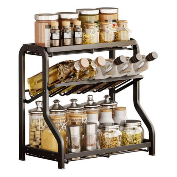 Jademall 3‑Tier Spice Rack Organizer, Carbon Steel Countertop Shelf with Angled Oil Bottle Holder, Non‑Slip Spice Storage for Kitchen, Black 14.4"x7.9"x13.8"