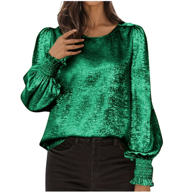 Women's Long Sleeve Tops, Casual Fashion Round Neck Blouse Solid Color Ruffle Shirt, Basic Tee for Fall Everyday Wear, Office Party Outfits