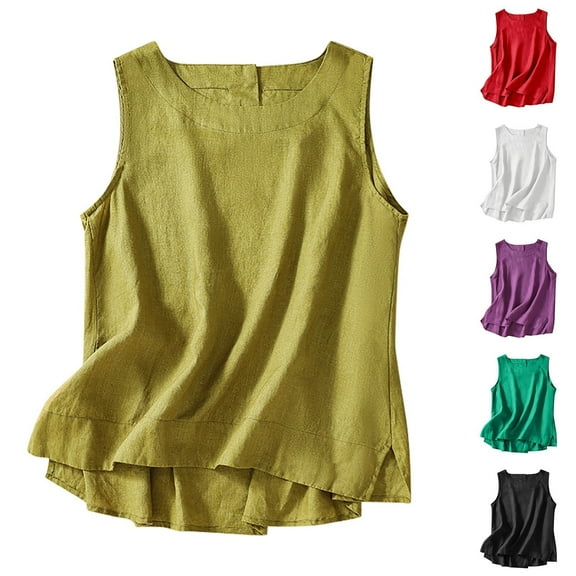 GERsome Womens Tank Tops Cotton Linen Crew Neck Sleeveless Tee Shirts Loose Fit Solid Color Summer Beach Vacation Shirts M-2XL