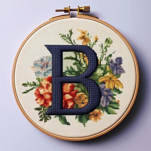 Letter B in Flowers Stamped Cross Stitch Kits for Beginners Easy with Hoop 11CT Needlepoint Embroidery DIY Counted Cross Stitch Kits Art Craft Wall Decor 35x35cm(4)
