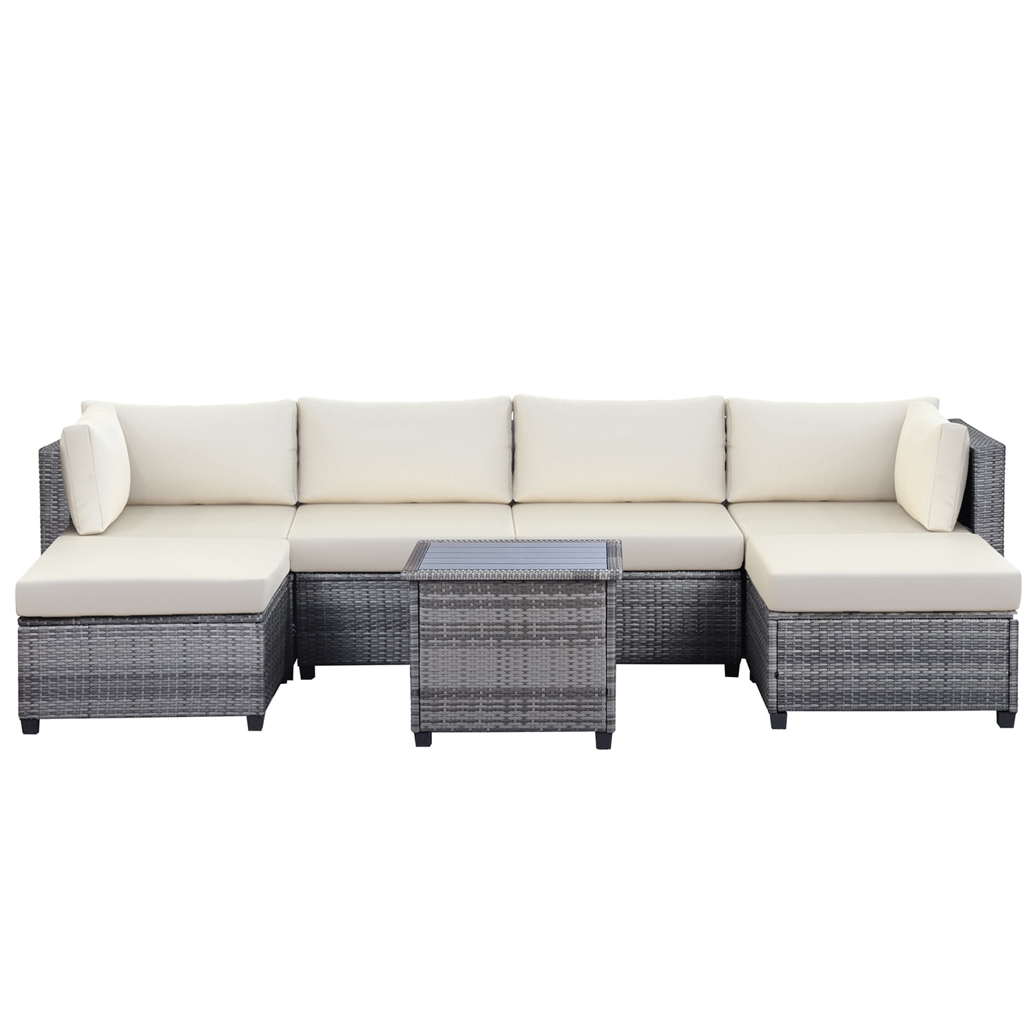 Kadyn 7 Piece Rattan Sectional Seating Group, Outdoor Conversation Sofa Set, Outdoor Ratten Sofa NEW with Cushions and Table, Beige