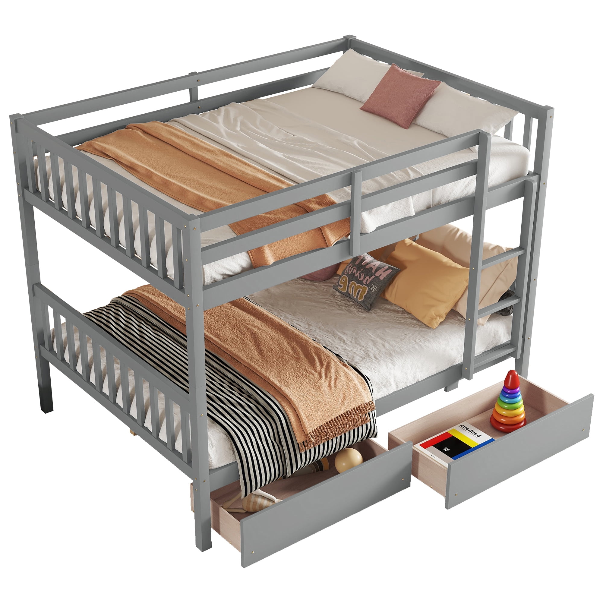 Sailvan full Over full Rubber Wood Bunk Bed with 2 Drawers, Convertible into 2 full Beds with Ladder