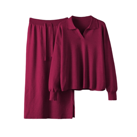 Enjoytime Womens 2 Piece Outfits Collared V Neck Long Sleeve Tops Midi Skirt Matching Sets Fall Fashion Casual Travel Outfit