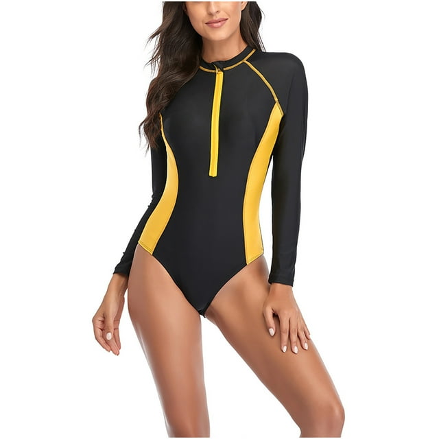 jsaierl Women's One Piece Swimsuits Long Sleeve Color Block Rash Guard UV Protection Surfing Swimsuit Bathing Suit