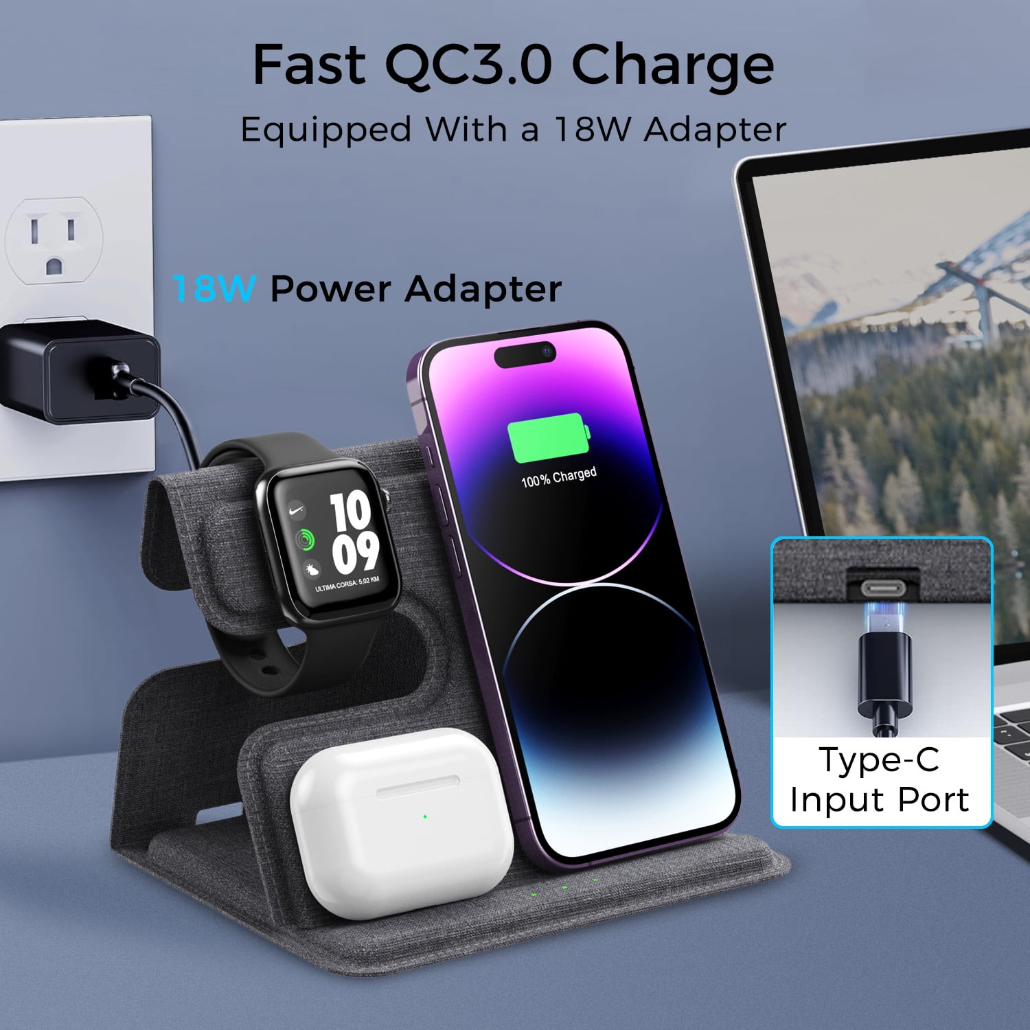 3 in 1 Wireless Charger Leather Stand for iPhone, AirPods, iWatch, Cellphones/Earbuds with wireless charging function, 18W high power, Efficient induction, Intelligent indicator light, Double coil