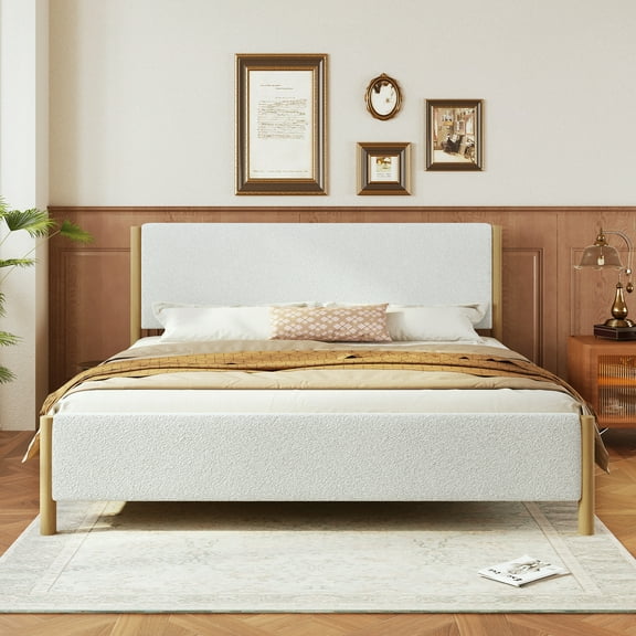 Christopher Knight Home Modern Boucle Upholstered King Bed Frame with Headboard, Solid Wood Legs, White