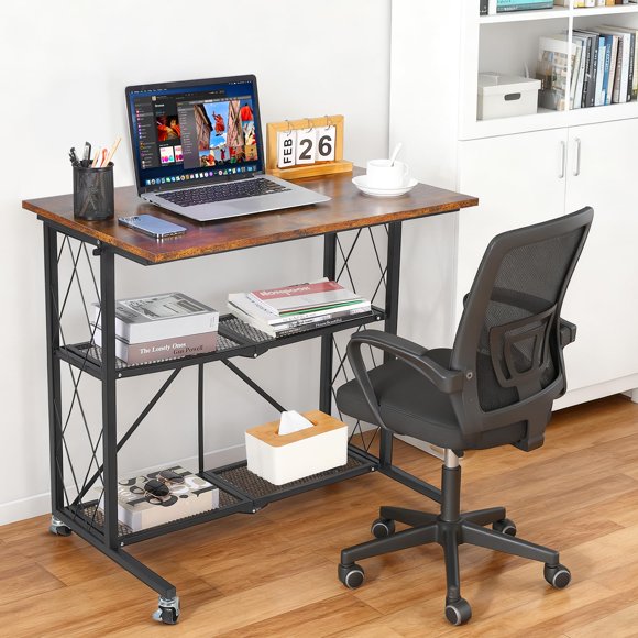 Escritorio de ordenador plegable de 3 niveles con ruedas – Estantería metálica – Sin montaje y portátil – Ahorra espacio – Color blanco