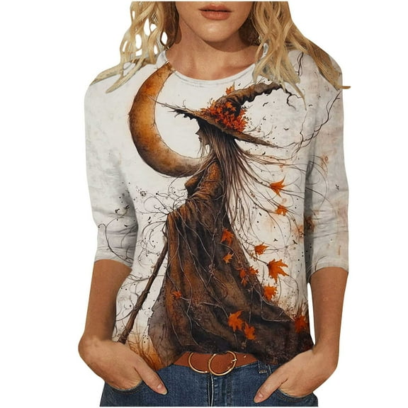 Women's Fashion Tees Casual Crewneck 3/4 Sleeve Loose T Shirt Halloween Blouses Shirts Ladies Plus Size Tops Shirt