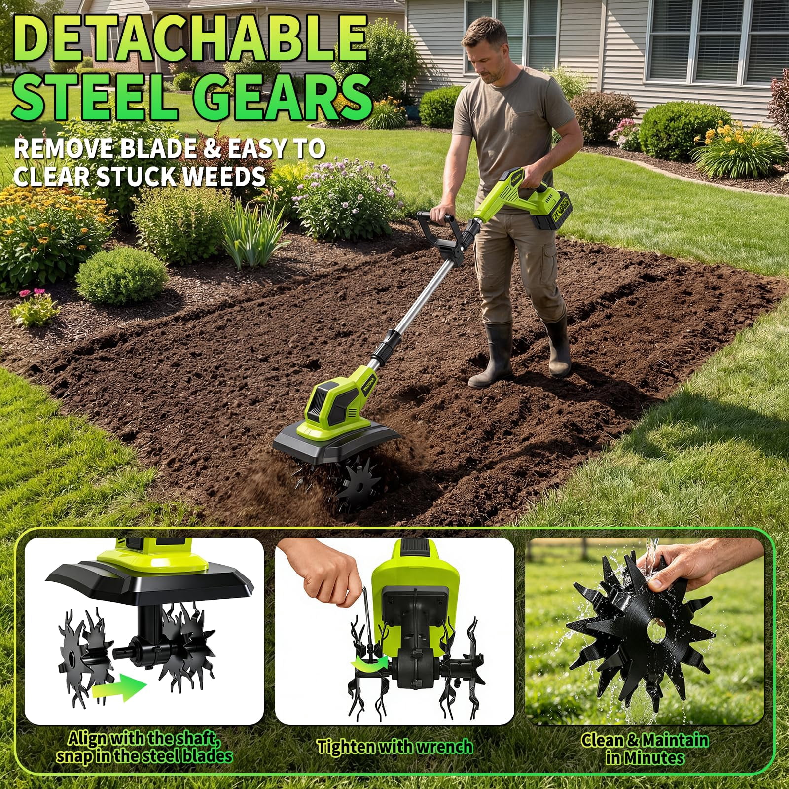Yacona Cordless Garden Tiller Cultivator, 400RPM Electric Tiller for Gardening, Battery Powered Rototiller, with 2 x 3.0Ah Batteries, Green