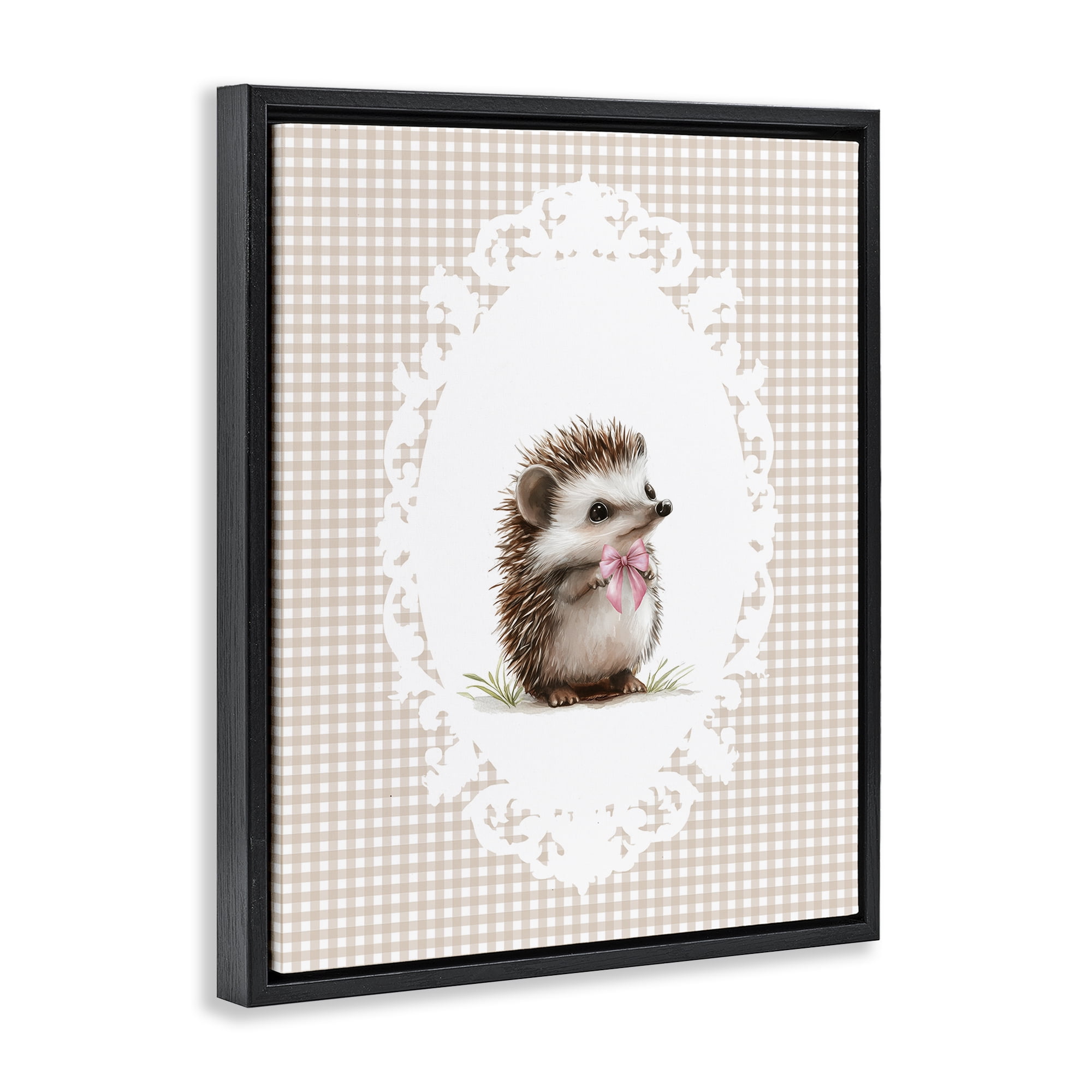 Stupell Industries Vintage Bow Hedgehog on Gingham Black Framed Floater Canvas Wall Art, design by Christine Simpson Art