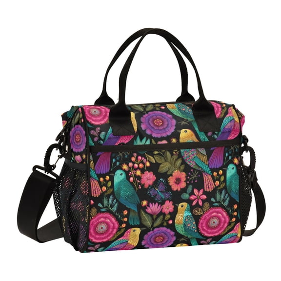Large Insulated Lunch Bags for Women Men Leakproof Thermal Meal Lunch Tote Bag for Office Work Picnic Travel Colorful Birds and Flowers 9L