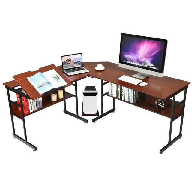 Gymax L-Shaped Computer Desk Drafting Table Workstation w/Tiltable Tabletop &Bookshelf