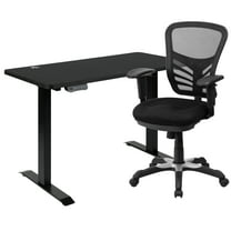 Flash Furniture Park 48" Wide Black Electric Height Adjustable Standing Desk with Black Mesh Multifunction Executive Swivel Ergonomic Office Chair