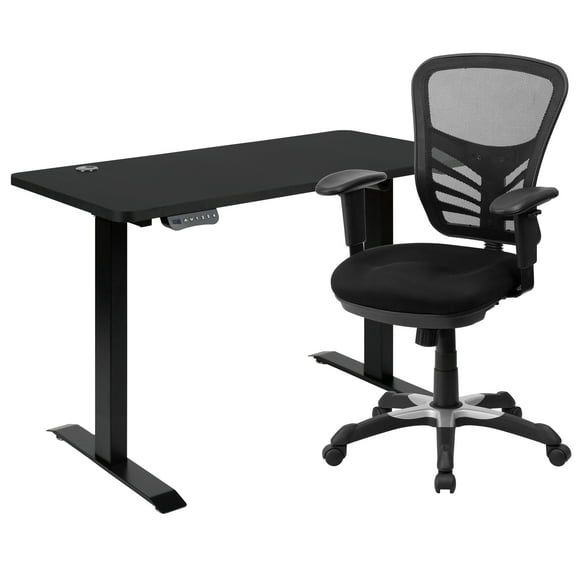 Flash Furniture Park 48" Wide Black Electric Height Adjustable Standing Desk with Black Mesh Multifunction Executive Swivel Ergonomic Office Chair