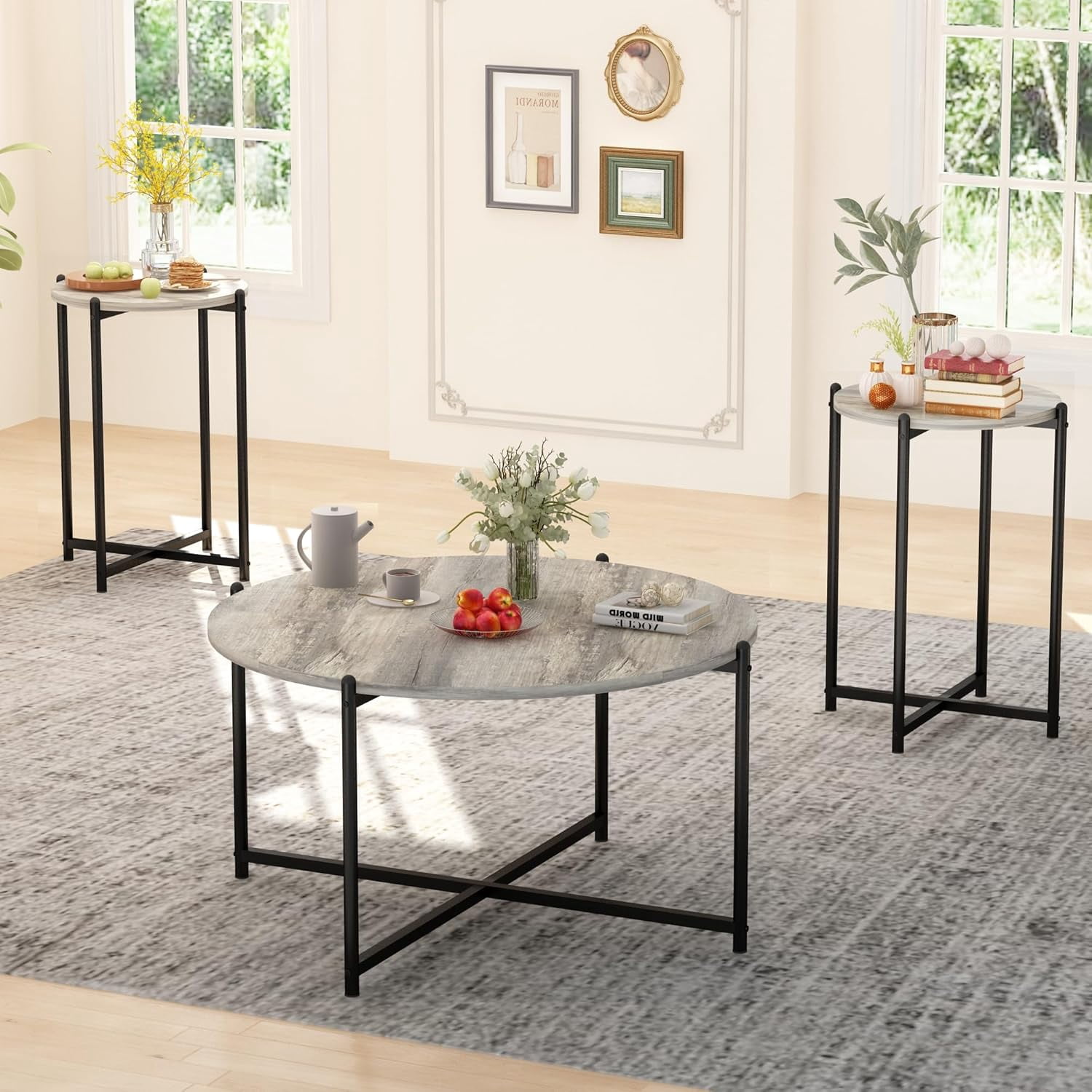 Cvortll Coffee Table Set of 3, Round Faux Marble Top with Cross Metal Frame, Modern Living Room Table for Apartment （Gray & Black）