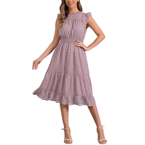 Vestido de gasa sin mangas para mujer Inspire Chic con cintura fruncida y estrellas metálicas doradas, vestido de fiesta en gris y rosa, talla S