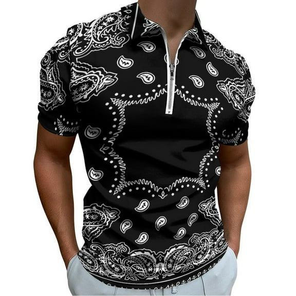Black Paisley Bandana Pattern Men Zipper T-shirt Summer Casual Short Sleeve T-shirt Top