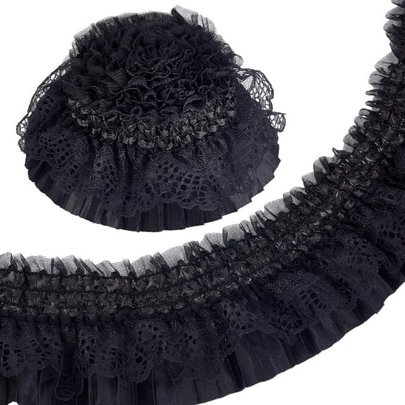 5.5 Yards Gorgeous Elastic Ruffle Trim 3 Inch Wide Double Layer Pleated Lace Ribbon Wave Edge Lace Trim for Sewing Making Craft Party Birthday Dress Cloth DIY Supplies Black