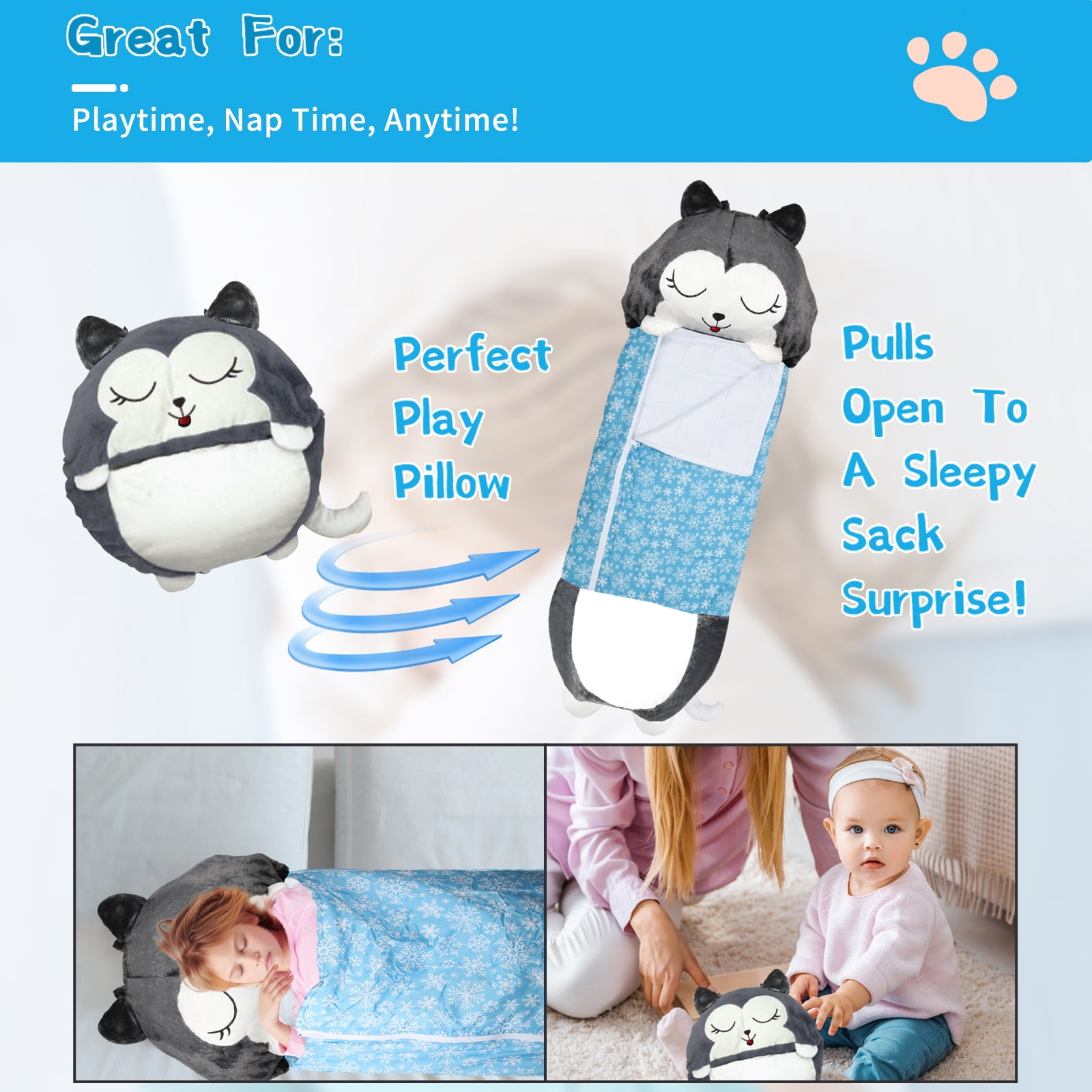 KKL Kids Sleeping Bag with Pillow, 2-in-1 Foldable Gray Dog Sleeping Bag, 47 x 18 inch
