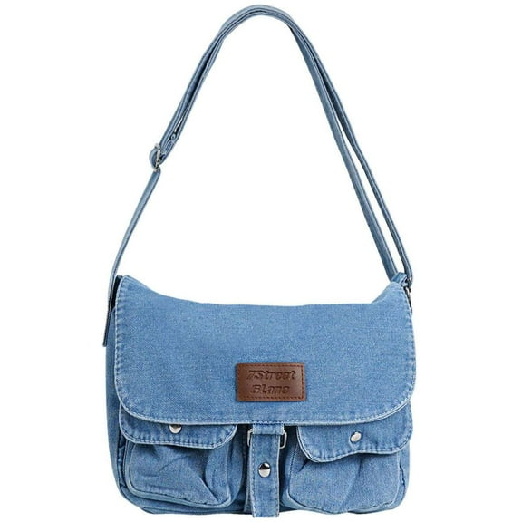 BadPiggies Denim Shoulder Bag Retro Messenger Handbag Multi-Pockets Lightweight Tote Crossbody Purse - Blue