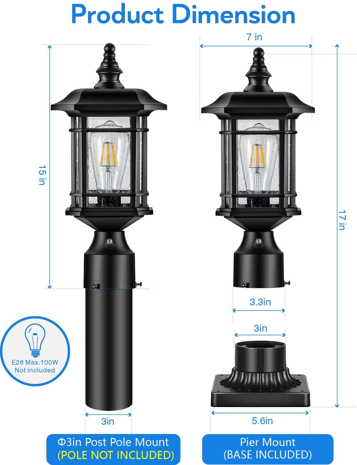 Lantern with Pier Mount Base, Exterior Lamp Post Light Fixture for Patio, Garden, Waterproof, (Hardwired 120V, Not Solar)