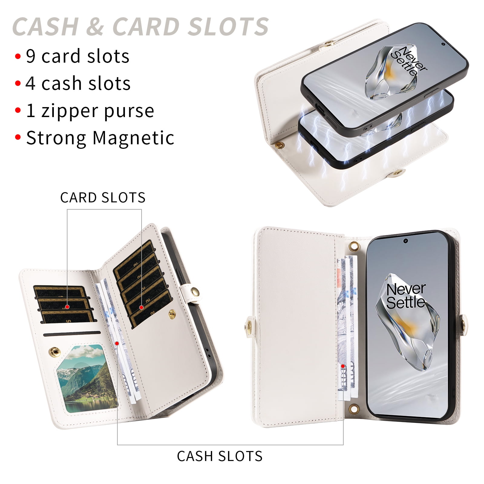 Asuwish Phone Case for OnePlus 12 5G Zipper Wallet Detachable Cell Cover with Tempered Glass Screen Protector Crossbody Lanyard Strap Bling Glitter Flip Card Holder Slot One+ 1plus12 2024 Women White