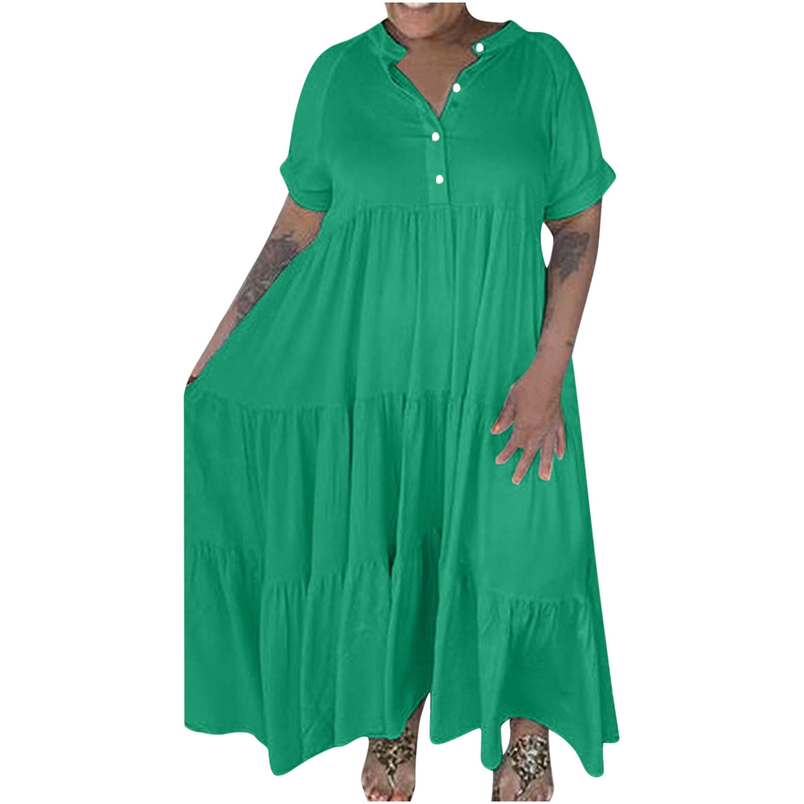 APEXFWDT Women's Casual Plus Size Maxi Dresses Button V Neck Short