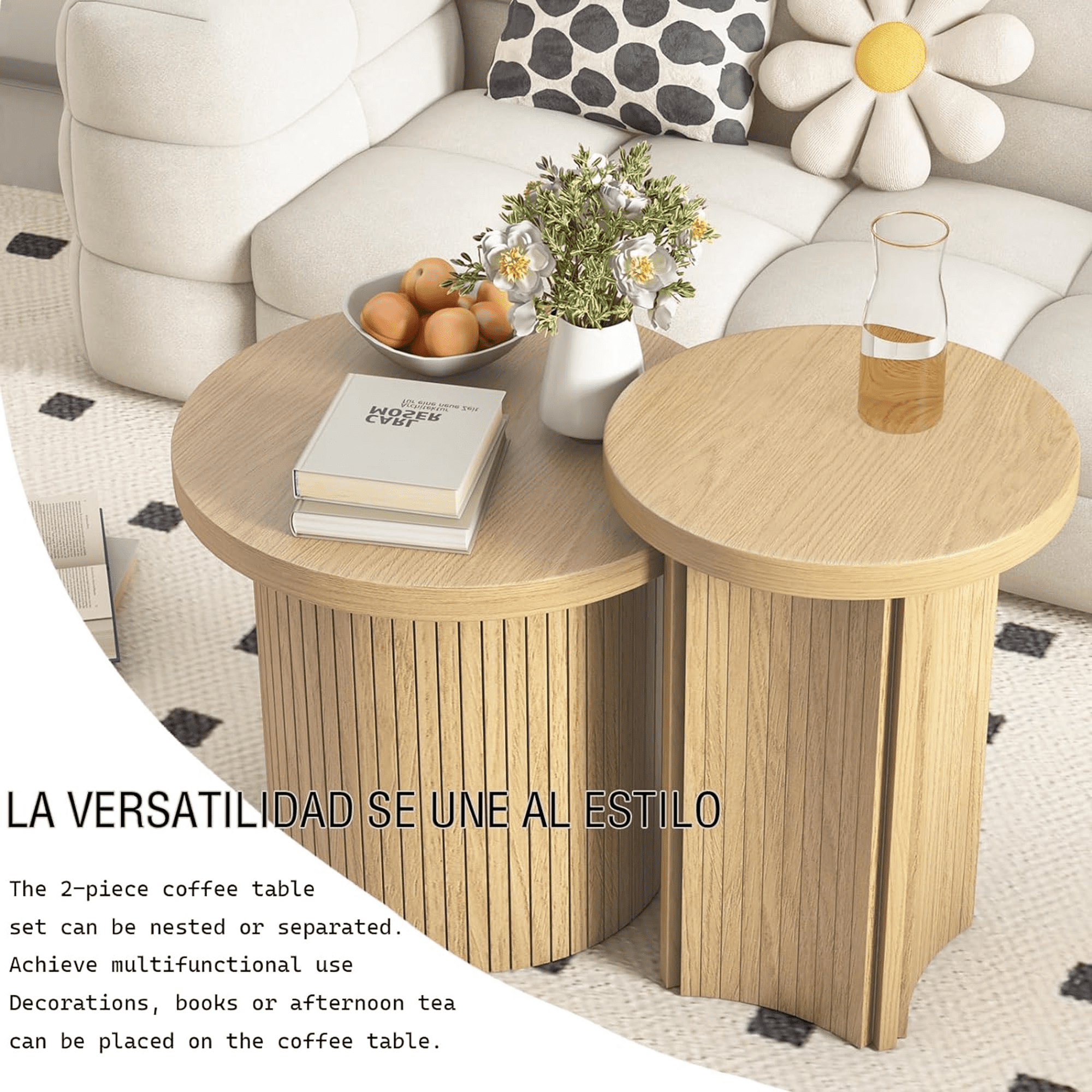 Oubayajia Modern Nesting Coffee Table Set of 2, Wood Round Table for Living Room Bedroom Balcony