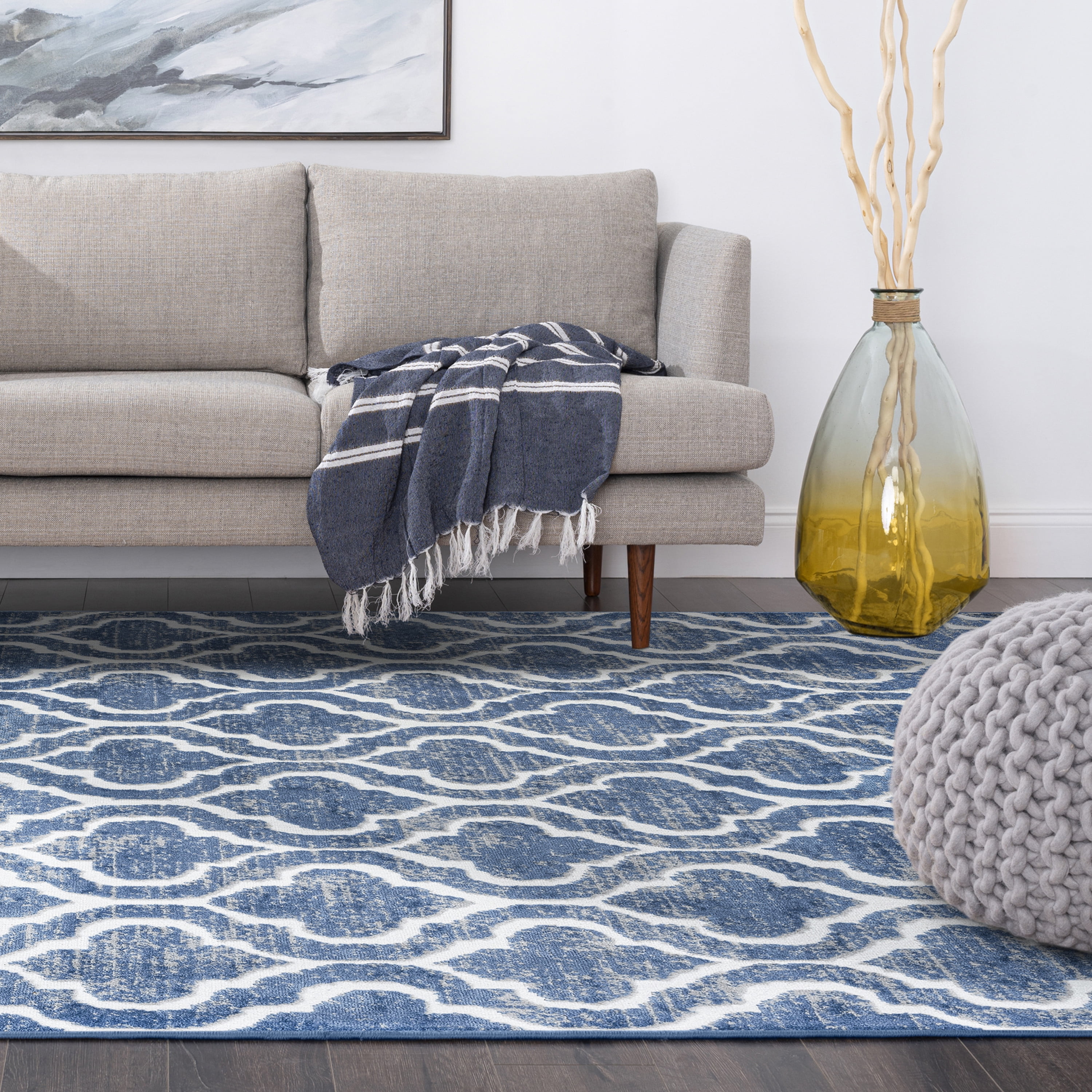 Transitional 8x10 Area Rug (7'11'' x 10'3'') Geometric Blue, White Living Room Easy to Clean