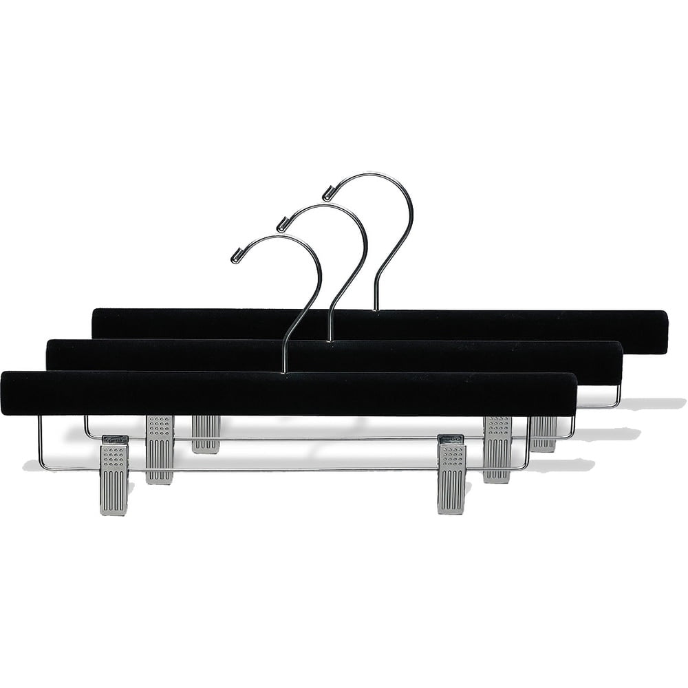 The Great American Hanger Company Black Velvet Wooden Pant Hanger with Adjustable Cushion Clips, Flocked Bottom Hangers with Chrome Swivel Hook box of