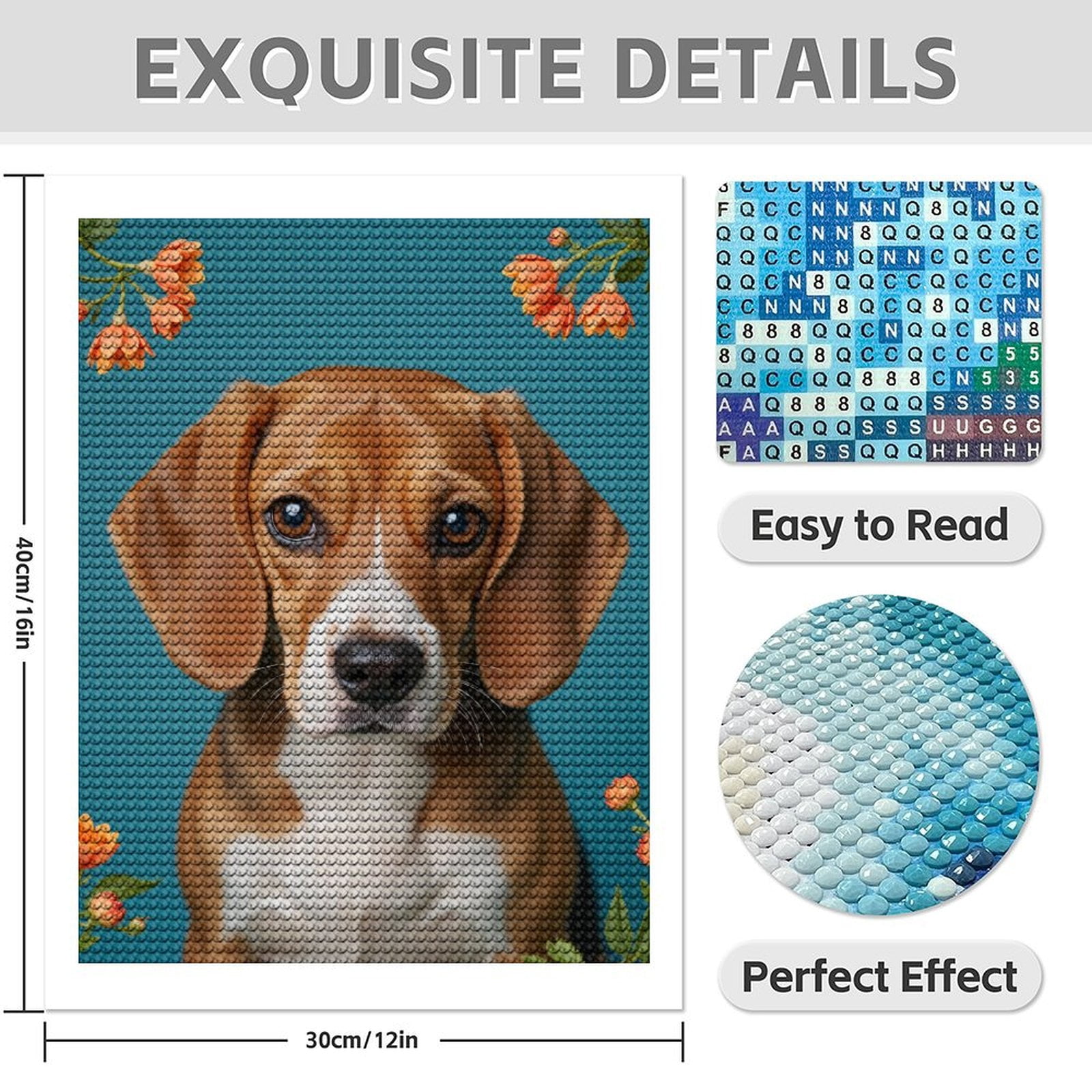 Diamond Art Kit for Adults, Beagle Portrait Floral Border Diamond Painting for Adults Beginners, DIY Diamond Art Painting Kits, 5D Diamond Painting Crafts for Home Decor 12x16 Frameless