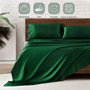 MR&HM Satin Sheet Set Queen 4 Pcs, Silky Elegant Luxurious Queen Size Bed Sheets, with Flat Sheet, Deep Pocket Fitted Sheet for Mattress and Matching Satin Pillow Cases (Queen Size, Dark Green)