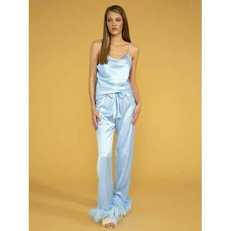 

DanceeMangoo Draped Feather Sleepwear Satin Spaghetti Strap Sexy Nightwear Solid Color Backless Sexy Pajamas For Women Sets Spring
