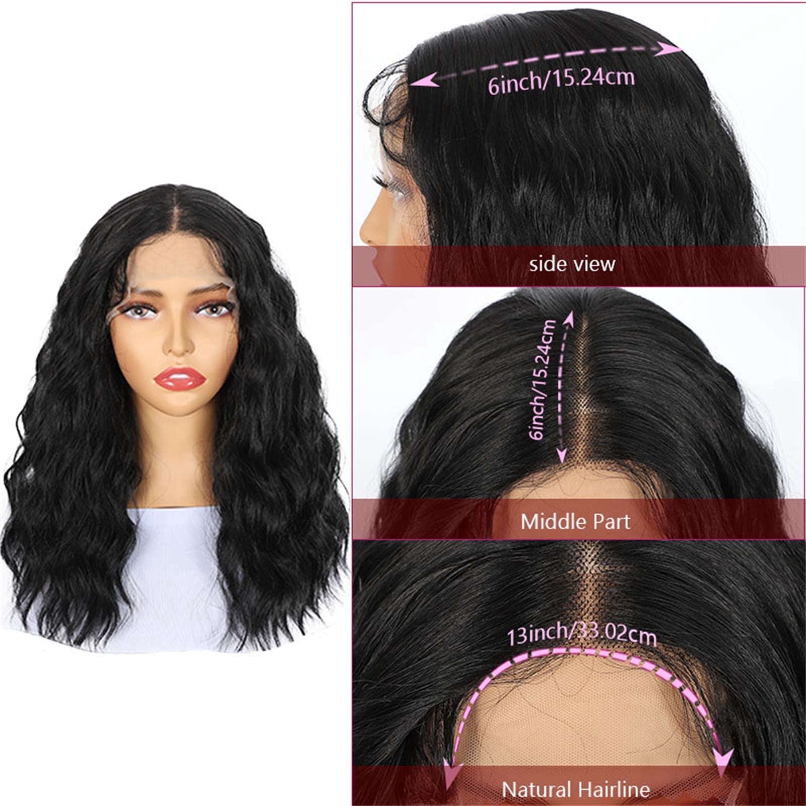 More Beautiful 14" Long Wavy Black Lace Front Wig, Pre-Cut Hairline, Heat Resistant Synthetic