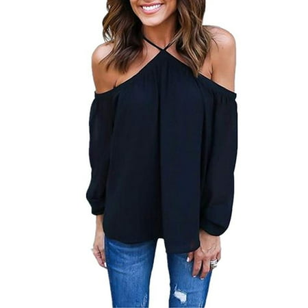 Women's Chiffon Off Shoulder Strapless Halter Top Blouse Long Sleeve Shirt