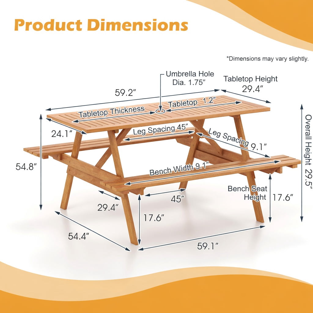 Hommoo 6-Person Outdoor Picnic Table Set with Built-In Benches & Umbrella Hole, Hardwood Rectangular Patio Table for Backyard, Garden, Poolside, Natural