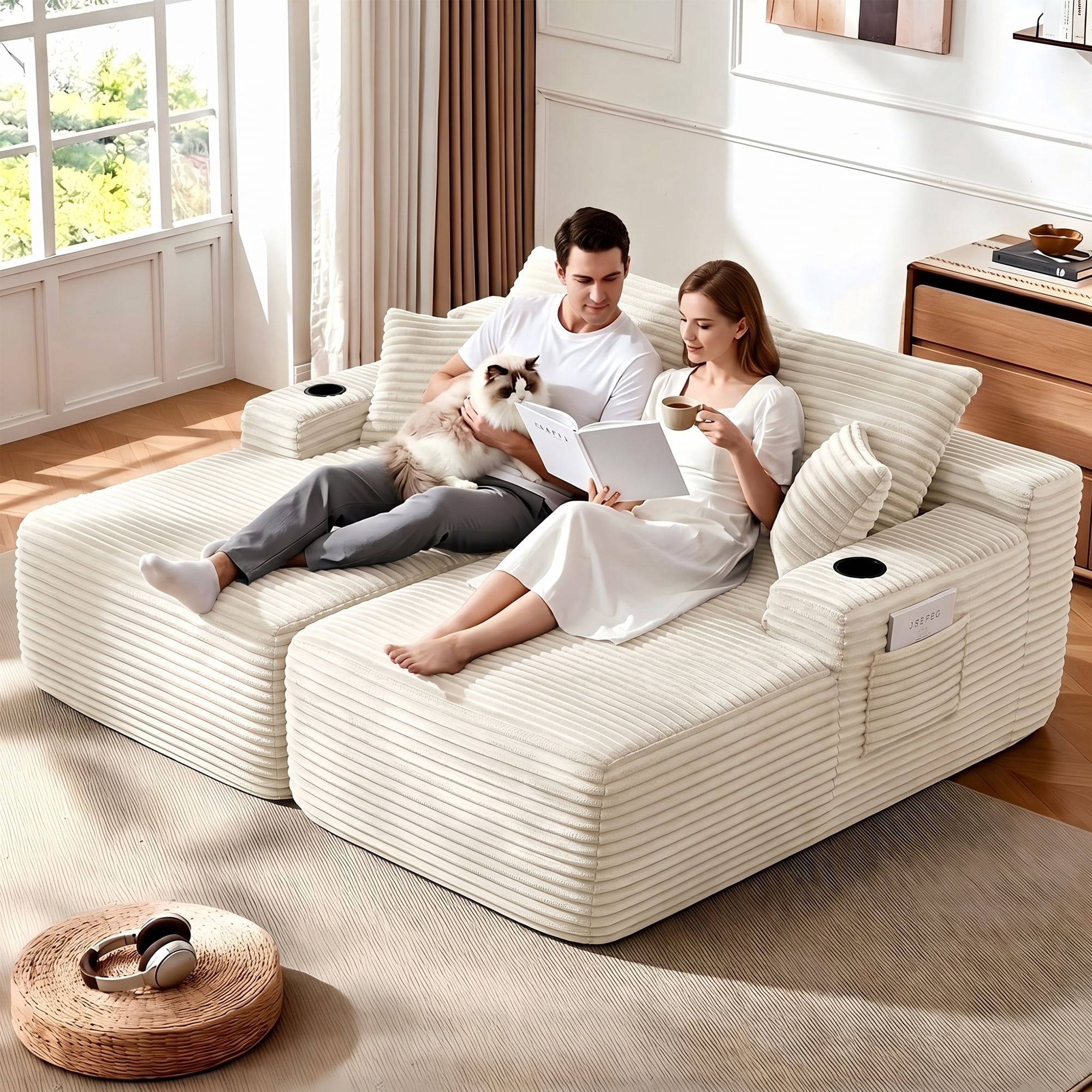 Aukfa 69" Oversized Double Chaise Lounge Boneless Couch Modular Loveseat Sleeper Sofa Bed for Living Room, 2 Cup Holders, Corduroy, Beige