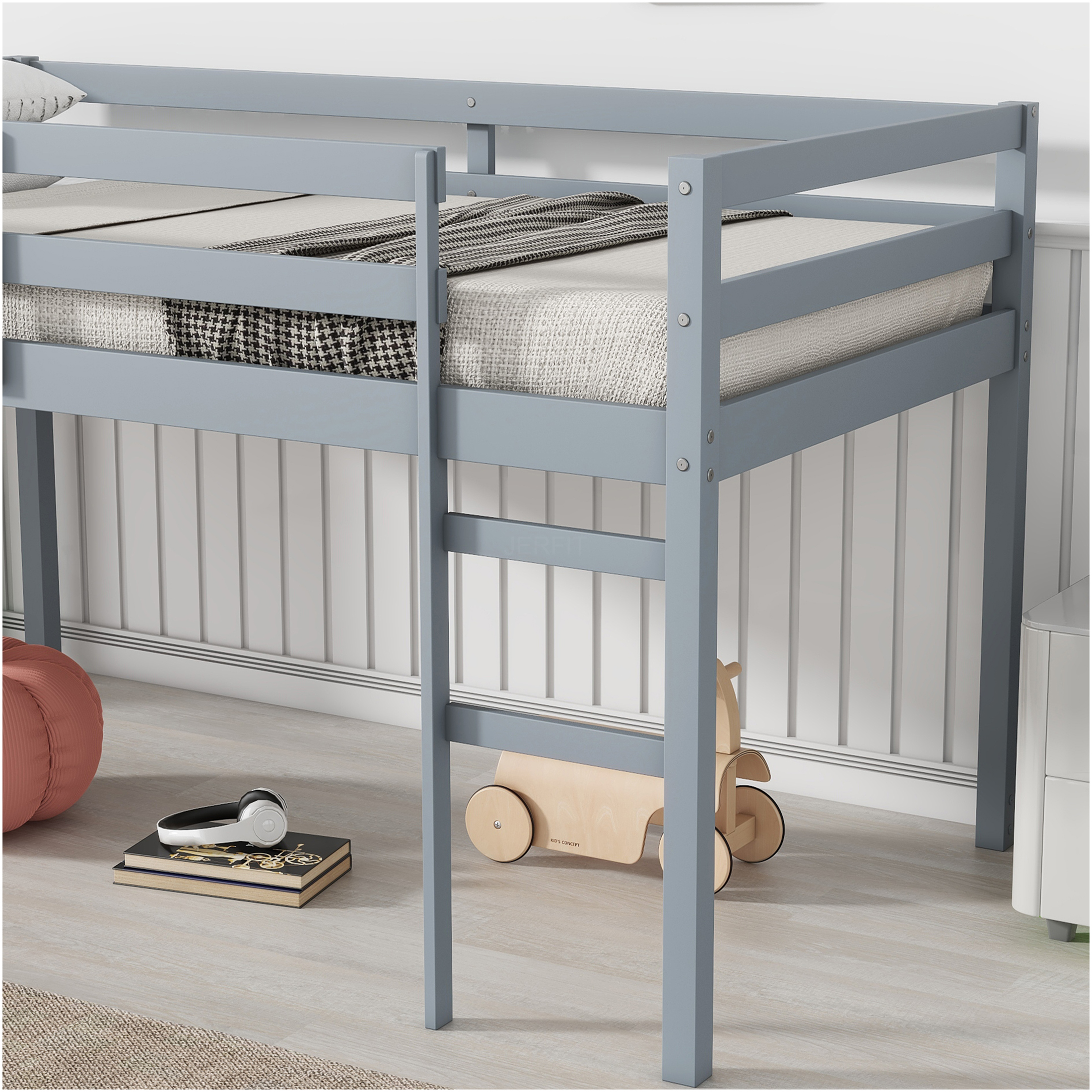 JERFIT Twin Wood Loft Bed with Ladder, Grey