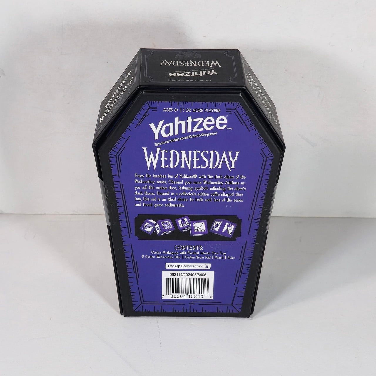 Yahtzee: Wednesday Dice Game, Collectible Flocked Interior Coffin Dice Cup, Classic Game Based on Addams Family Character Wednesday Addams, Officially Licensed Wednesday Game & Merchandise