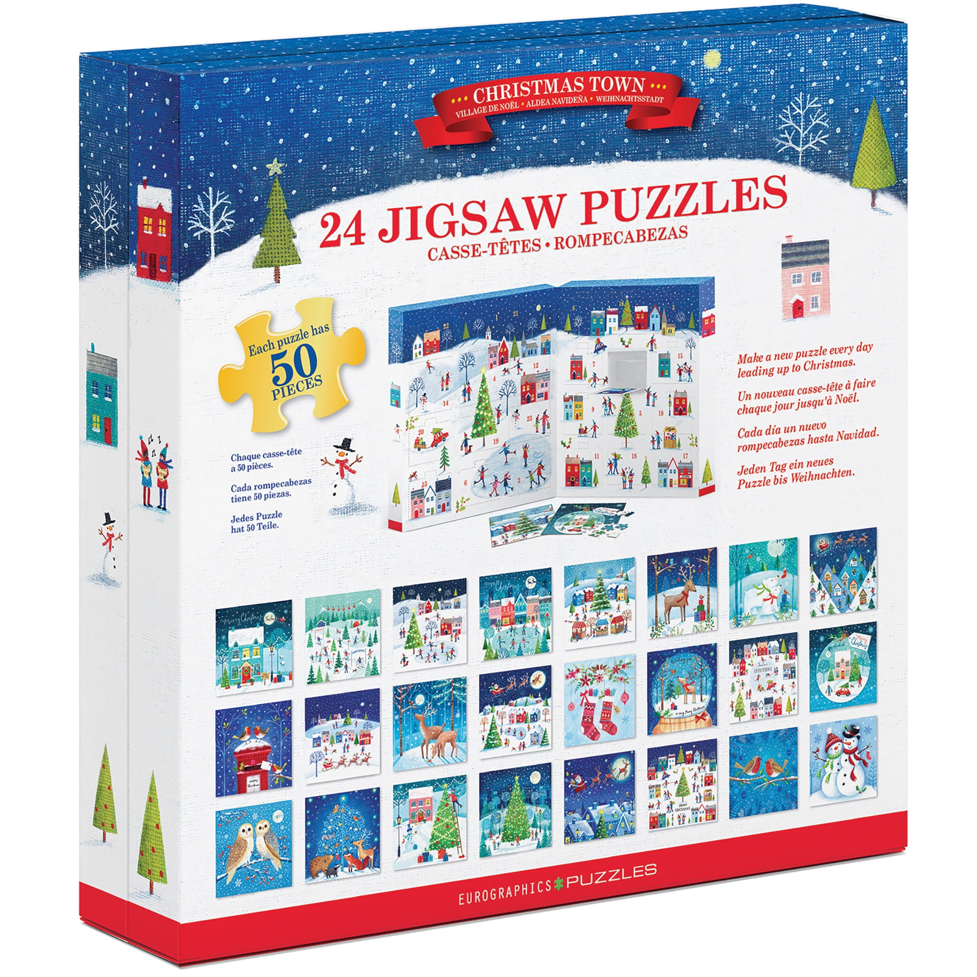 Eurographics: Puzzle Advent Calendar: Christmas Town - 24 Daily Unique Individual Jigsaws, 5 x 5" 50pc Each, 1200pcs Total, Holiday Countdown Gift