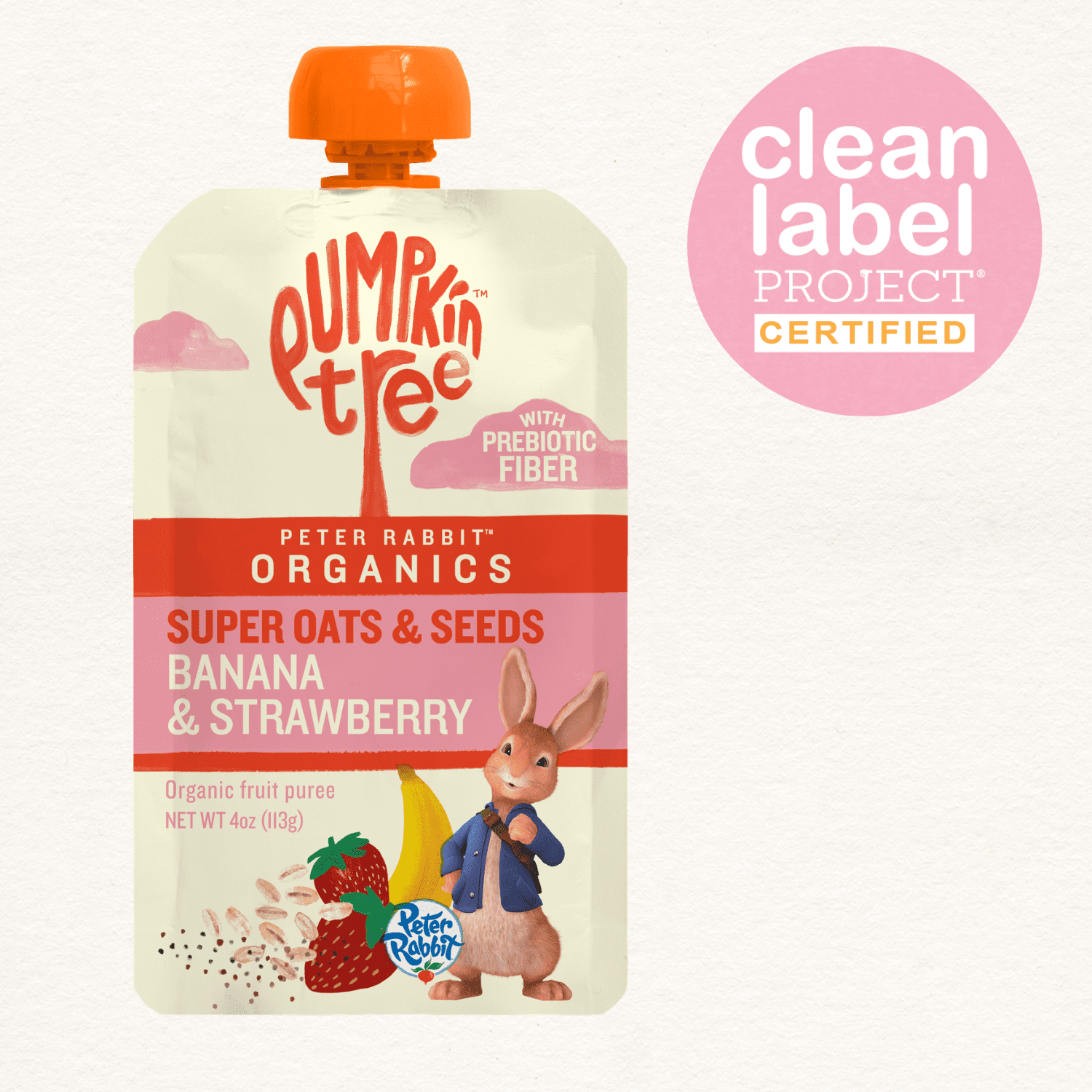 Pumpkin Tree Organics Peter Rabbit Prebiotic Fiber, Oats and Seeds Banana Strawberry Fruit Snack, 4 Ounce Squeeze Pouch