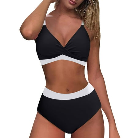 

Women S High Waisted Bikini Sets V Neck Two Piece Swimsuit Color Block Front Bathing Suits Size L