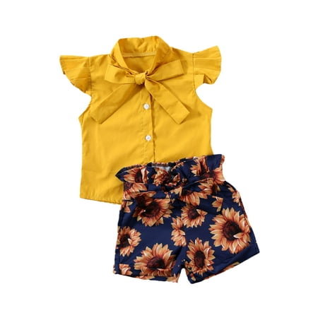 

COUTEXYI 2 Pcs Girl Shorts Suits Sleeveless Tops + Sunflower Shorts Sets