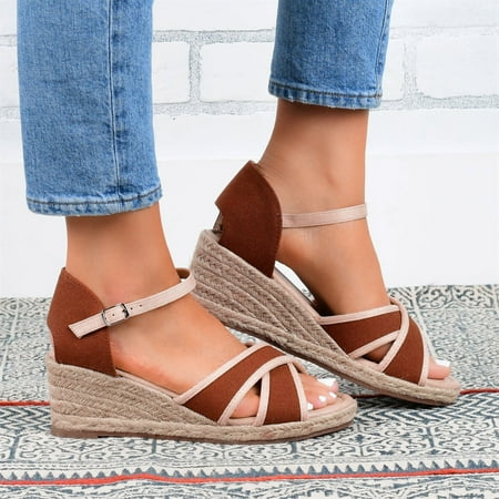 

ZHELIYO Women s sandals Fashion Women Summer Buckle Strap Canvas Weave Comfortable Wedges Shoes Beach Peep Toe Breathable Sandals Brown 8.5